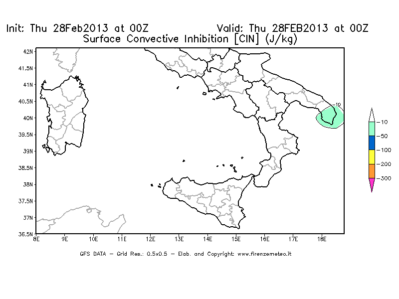 Mappa di analisi GFS - CIN [J/kg] in Sud-Italia
							del 28/02/2013 00 <!--googleoff: index-->UTC<!--googleon: index-->