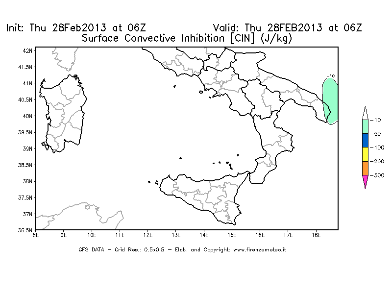 Mappa di analisi GFS - CIN [J/kg] in Sud-Italia
									del 28/02/2013 06 <!--googleoff: index-->UTC<!--googleon: index-->