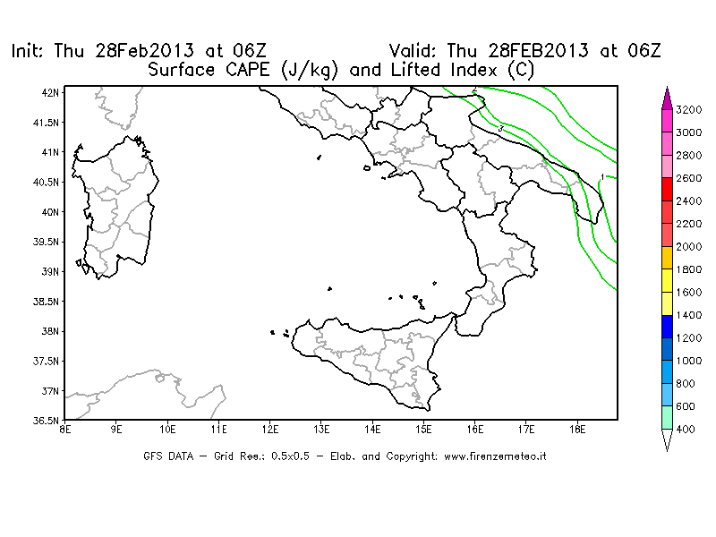 Mappa di analisi GFS - CAPE [J/kg] e Lifted Index [°C] in Sud-Italia
									del 28/02/2013 06 <!--googleoff: index-->UTC<!--googleon: index-->