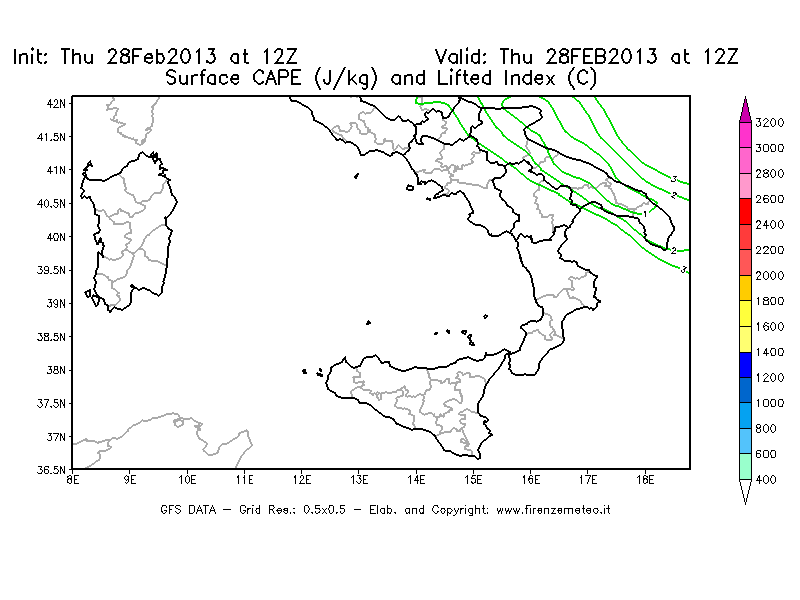 Mappa di analisi GFS - CAPE [J/kg] e Lifted Index [°C] in Sud-Italia
							del 28/02/2013 12 <!--googleoff: index-->UTC<!--googleon: index-->