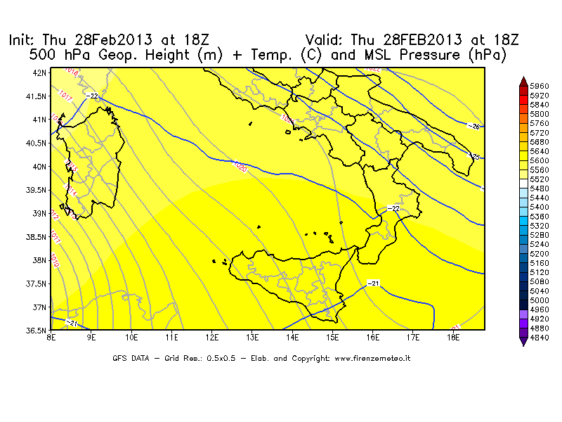 Mappa di analisi GFS - Geopotenziale [m] + Temp. [°C] a 500 hPa + Press. a livello del mare [hPa] in Sud-Italia
									del 28/02/2013 18 <!--googleoff: index-->UTC<!--googleon: index-->