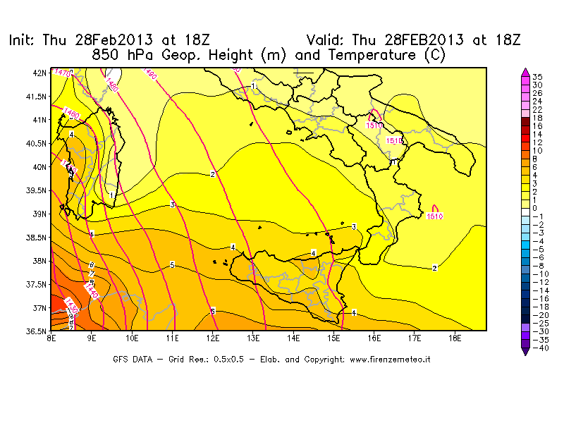 Mappa di analisi GFS - Geopotenziale [m] e Temperatura [°C] a 850 hPa in Sud-Italia
							del 28/02/2013 18 <!--googleoff: index-->UTC<!--googleon: index-->