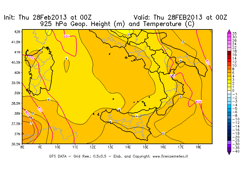 Mappa di analisi GFS - Geopotenziale [m] e Temperatura [°C] a 925 hPa in Sud-Italia
									del 28/02/2013 00 <!--googleoff: index-->UTC<!--googleon: index-->