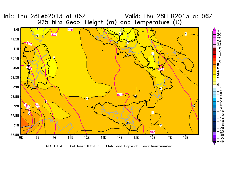 Mappa di analisi GFS - Geopotenziale [m] e Temperatura [°C] a 925 hPa in Sud-Italia
									del 28/02/2013 06 <!--googleoff: index-->UTC<!--googleon: index-->