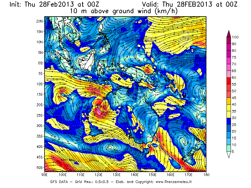 Mappa di analisi GFS - Velocità del vento a 10 metri dal suolo [km/h] in Oceania
									del 28/02/2013 00 <!--googleoff: index-->UTC<!--googleon: index-->