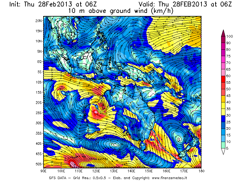Mappa di analisi GFS - Velocità del vento a 10 metri dal suolo [km/h] in Oceania
							del 28/02/2013 06 <!--googleoff: index-->UTC<!--googleon: index-->