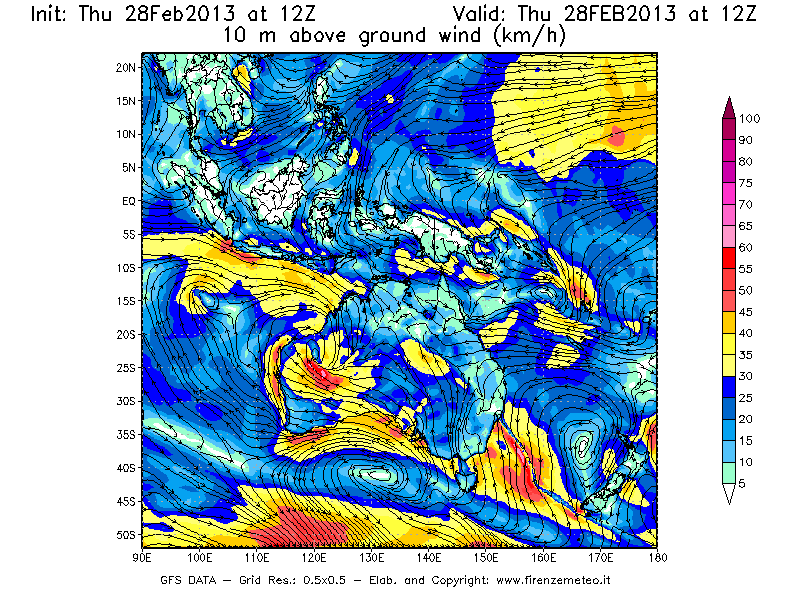 Mappa di analisi GFS - Velocità del vento a 10 metri dal suolo [km/h] in Oceania
							del 28/02/2013 12 <!--googleoff: index-->UTC<!--googleon: index-->