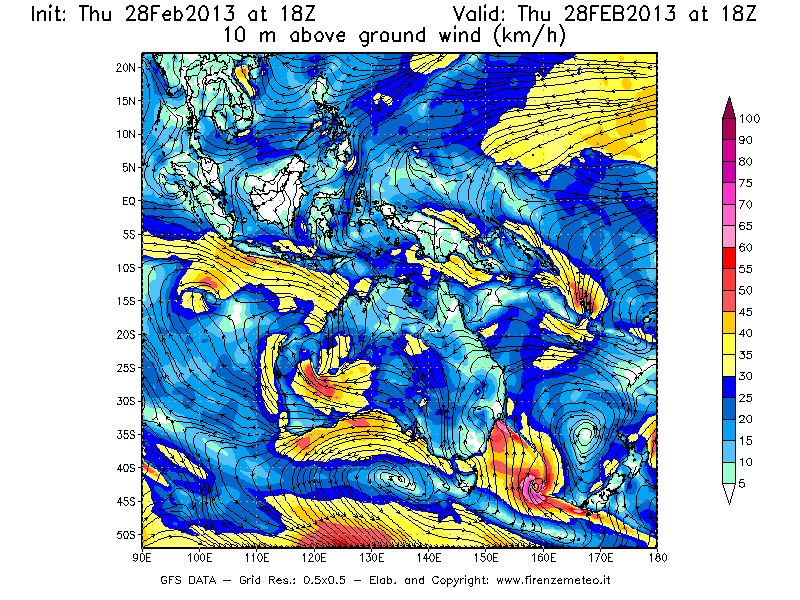 Mappa di analisi GFS - Velocità del vento a 10 metri dal suolo [km/h] in Oceania
									del 28/02/2013 18 <!--googleoff: index-->UTC<!--googleon: index-->