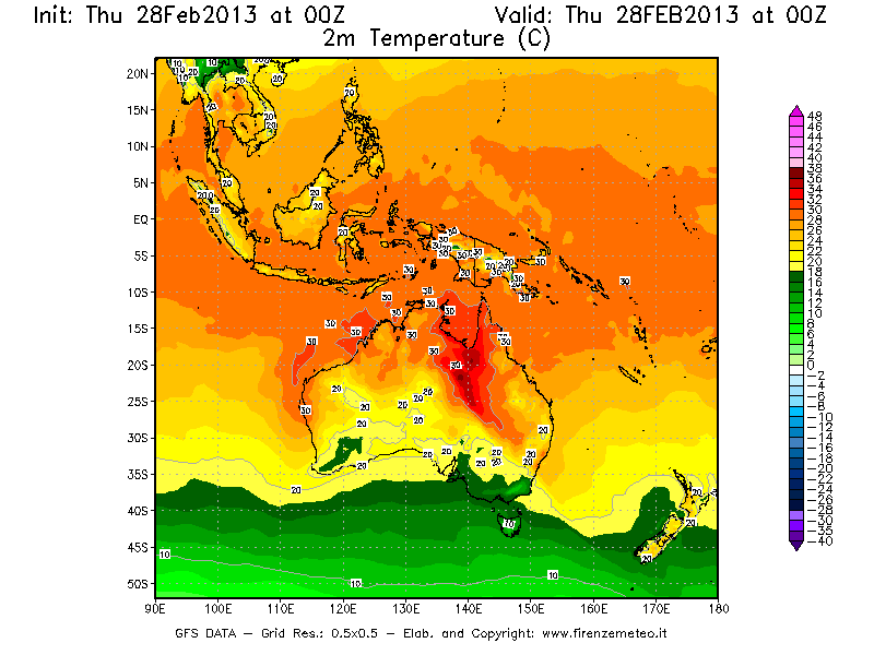 Mappa di analisi GFS - Temperatura a 2 metri dal suolo [°C] in Oceania
									del 28/02/2013 00 <!--googleoff: index-->UTC<!--googleon: index-->