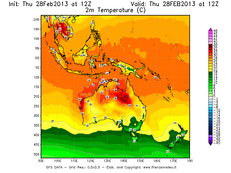 Mappa di analisi GFS - Temperatura a 2 metri dal suolo [°C] in Oceania
									del 28/02/2013 12 <!--googleoff: index-->UTC<!--googleon: index-->