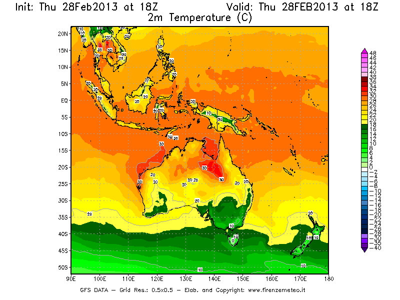Mappa di analisi GFS - Temperatura a 2 metri dal suolo [°C] in Oceania
							del 28/02/2013 18 <!--googleoff: index-->UTC<!--googleon: index-->