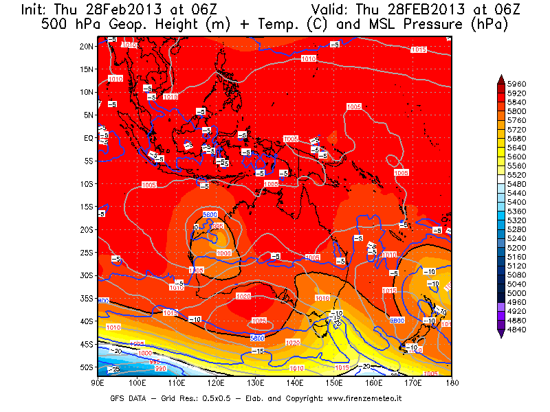 Mappa di analisi GFS - Geopotenziale [m] + Temp. [°C] a 500 hPa + Press. a livello del mare [hPa] in Oceania
									del 28/02/2013 06 <!--googleoff: index-->UTC<!--googleon: index-->
