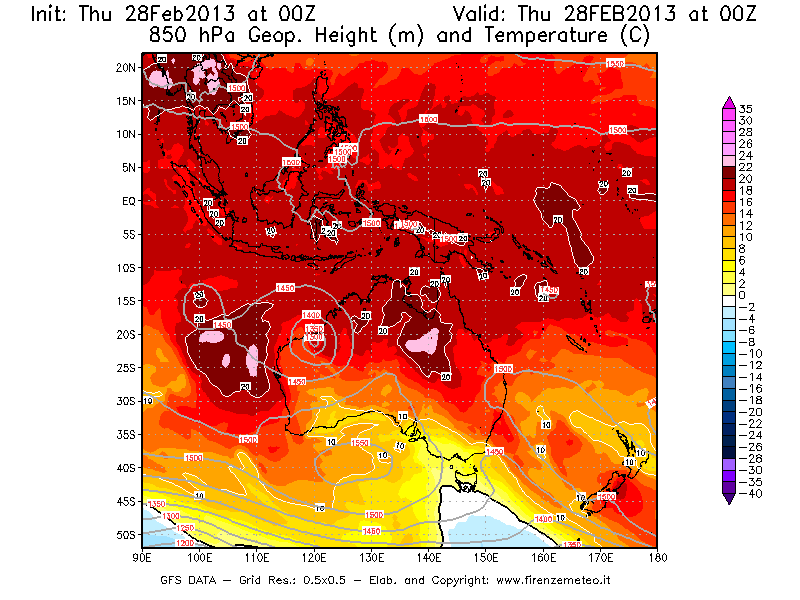 Mappa di analisi GFS - Geopotenziale [m] e Temperatura [°C] a 850 hPa in Oceania
							del 28/02/2013 00 <!--googleoff: index-->UTC<!--googleon: index-->