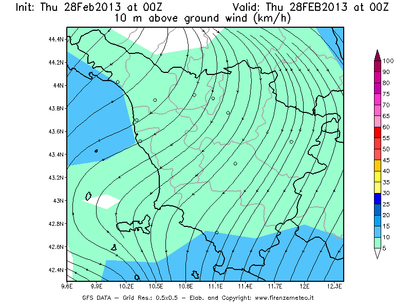 Mappa di analisi GFS - Velocità del vento a 10 metri dal suolo [km/h] in Toscana
							del 28/02/2013 00 <!--googleoff: index-->UTC<!--googleon: index-->