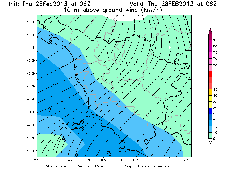 Mappa di analisi GFS - Velocità del vento a 10 metri dal suolo [km/h] in Toscana
							del 28/02/2013 06 <!--googleoff: index-->UTC<!--googleon: index-->