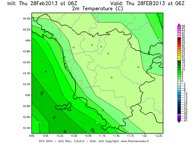 Mappa di analisi GFS - Temperatura a 2 metri dal suolo [°C] in Toscana
							del 28/02/2013 06 <!--googleoff: index-->UTC<!--googleon: index-->