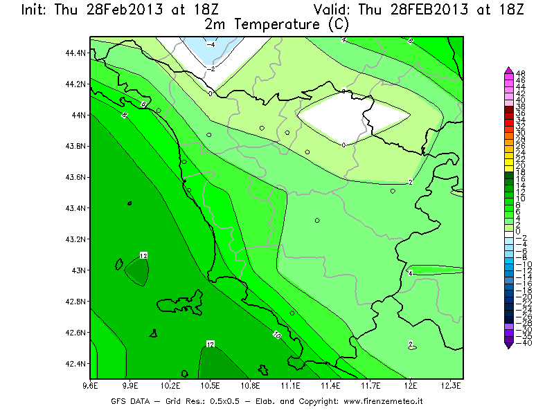 Mappa di analisi GFS - Temperatura a 2 metri dal suolo [°C] in Toscana
							del 28/02/2013 18 <!--googleoff: index-->UTC<!--googleon: index-->