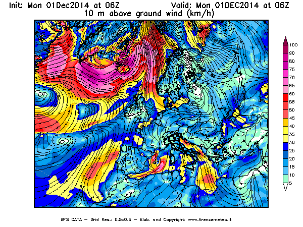 Mappa di analisi GFS - Velocità del vento a 10 metri dal suolo [km/h] in Europa
							del 01/12/2014 06 <!--googleoff: index-->UTC<!--googleon: index-->