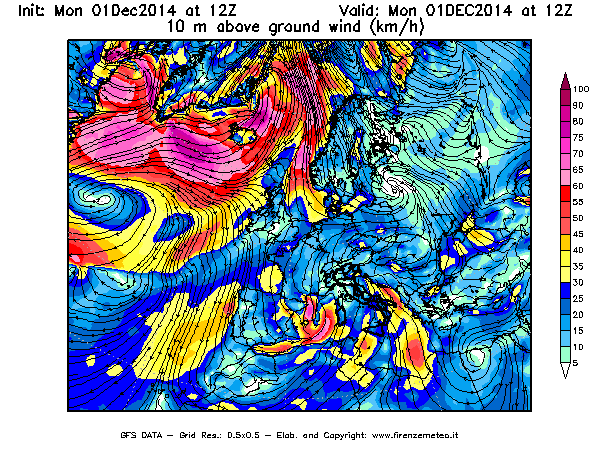 Mappa di analisi GFS - Velocità del vento a 10 metri dal suolo [km/h] in Europa
							del 01/12/2014 12 <!--googleoff: index-->UTC<!--googleon: index-->