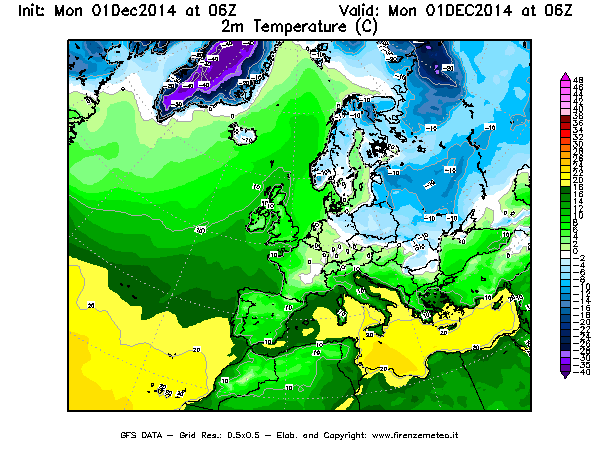 Mappa di analisi GFS - Temperatura a 2 metri dal suolo [°C] in Europa
									del 01/12/2014 06 <!--googleoff: index-->UTC<!--googleon: index-->