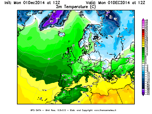 Mappa di analisi GFS - Temperatura a 2 metri dal suolo [°C] in Europa
							del 01/12/2014 12 <!--googleoff: index-->UTC<!--googleon: index-->