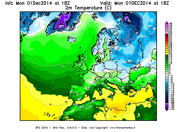 Mappa di analisi GFS - Temperatura a 2 metri dal suolo [°C] in Europa
									del 01/12/2014 18 <!--googleoff: index-->UTC<!--googleon: index-->