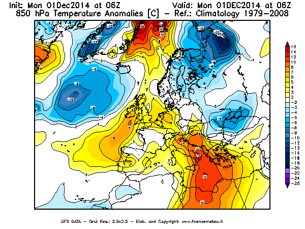 Mappa di analisi GFS - Anomalia Temperatura [°C] a 850 hPa in Europa
									del 01/12/2014 06 <!--googleoff: index-->UTC<!--googleon: index-->