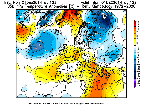 Mappa di analisi GFS - Anomalia Temperatura [°C] a 850 hPa in Europa
							del 01/12/2014 12 <!--googleoff: index-->UTC<!--googleon: index-->