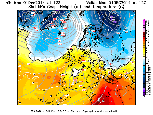 Mappa di analisi GFS - Geopotenziale [m] e Temperatura [°C] a 850 hPa in Europa
							del 01/12/2014 12 <!--googleoff: index-->UTC<!--googleon: index-->