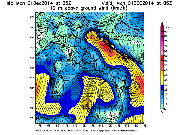 Mappa di analisi GFS - Velocità del vento a 10 metri dal suolo [km/h] in Italia
							del 01/12/2014 06 <!--googleoff: index-->UTC<!--googleon: index-->