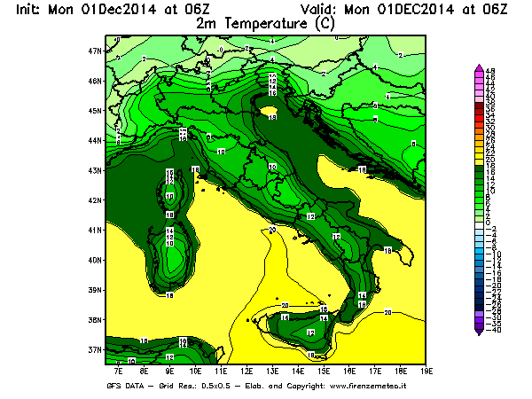 Mappa di analisi GFS - Temperatura a 2 metri dal suolo [°C] in Italia
							del 01/12/2014 06 <!--googleoff: index-->UTC<!--googleon: index-->