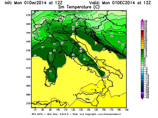 Mappa di analisi GFS - Temperatura a 2 metri dal suolo [°C] in Italia
									del 01/12/2014 12 <!--googleoff: index-->UTC<!--googleon: index-->