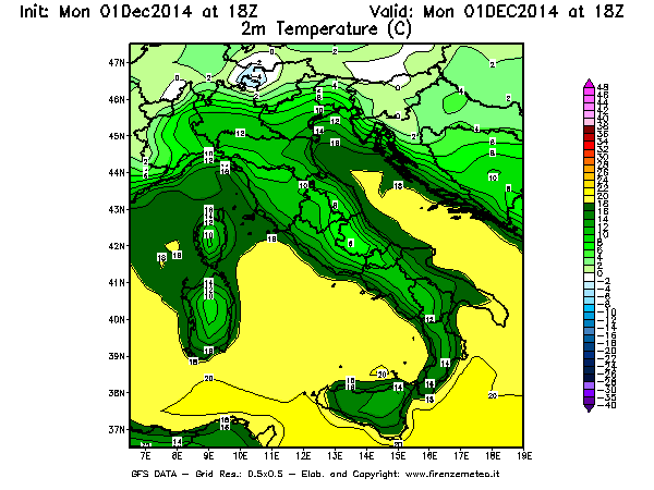 Mappa di analisi GFS - Temperatura a 2 metri dal suolo [°C] in Italia
							del 01/12/2014 18 <!--googleoff: index-->UTC<!--googleon: index-->