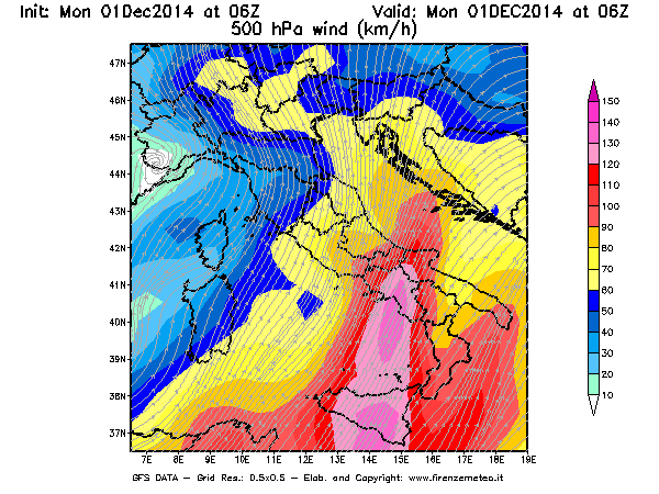 Mappa di analisi GFS - Velocità del vento a 500 hPa [km/h] in Italia
							del 01/12/2014 06 <!--googleoff: index-->UTC<!--googleon: index-->