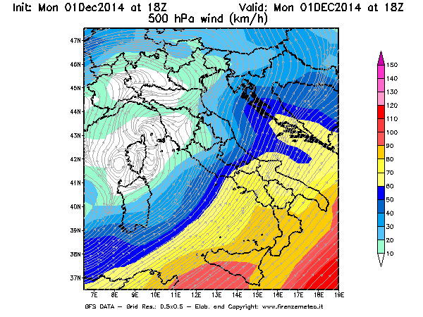Mappa di analisi GFS - Velocità del vento a 500 hPa [km/h] in Italia
							del 01/12/2014 18 <!--googleoff: index-->UTC<!--googleon: index-->