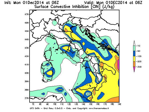 Mappa di analisi GFS - CIN [J/kg] in Italia
							del 01/12/2014 06 <!--googleoff: index-->UTC<!--googleon: index-->