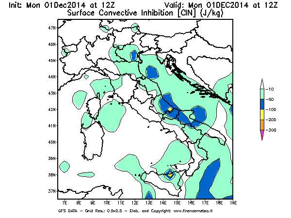 Mappa di analisi GFS - CIN [J/kg] in Italia
							del 01/12/2014 12 <!--googleoff: index-->UTC<!--googleon: index-->