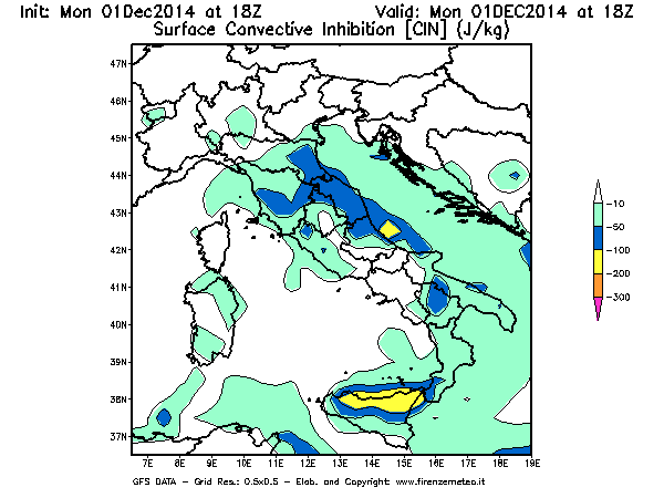 Mappa di analisi GFS - CIN [J/kg] in Italia
							del 01/12/2014 18 <!--googleoff: index-->UTC<!--googleon: index-->