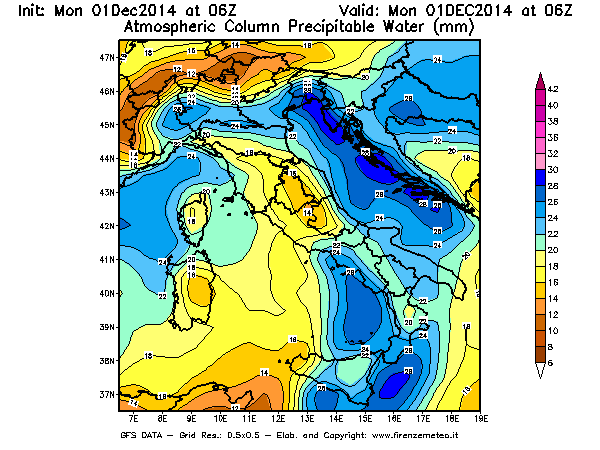 Mappa di analisi GFS - Precipitable Water [mm] in Italia
									del 01/12/2014 06 <!--googleoff: index-->UTC<!--googleon: index-->