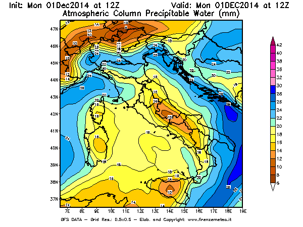 Mappa di analisi GFS - Precipitable Water [mm] in Italia
							del 01/12/2014 12 <!--googleoff: index-->UTC<!--googleon: index-->