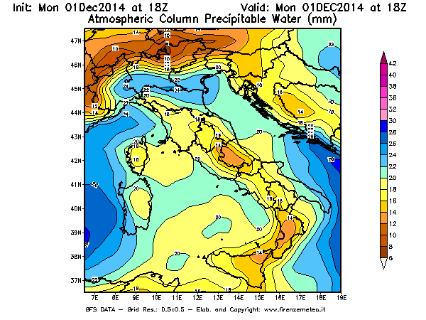 Mappa di analisi GFS - Precipitable Water [mm] in Italia
									del 01/12/2014 18 <!--googleoff: index-->UTC<!--googleon: index-->