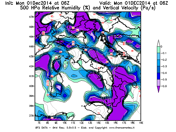 Mappa di analisi GFS - Umidità relativa [%] e Omega [Pa/s] a 500 hPa in Italia
							del 01/12/2014 06 <!--googleoff: index-->UTC<!--googleon: index-->