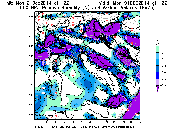 Mappa di analisi GFS - Umidità relativa [%] e Omega [Pa/s] a 500 hPa in Italia
							del 01/12/2014 12 <!--googleoff: index-->UTC<!--googleon: index-->