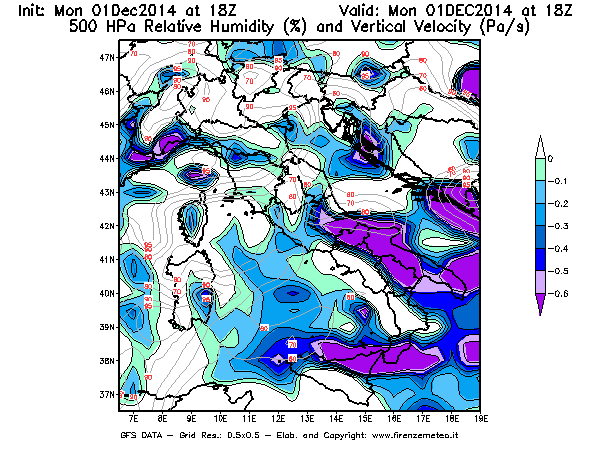 Mappa di analisi GFS - Umidità relativa [%] e Omega [Pa/s] a 500 hPa in Italia
									del 01/12/2014 18 <!--googleoff: index-->UTC<!--googleon: index-->