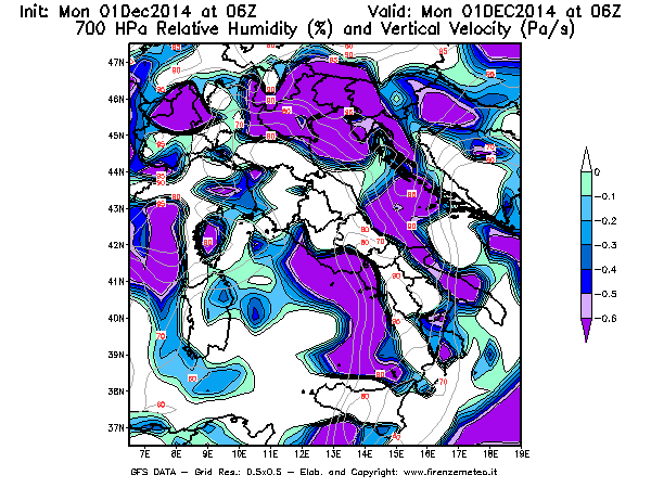 Mappa di analisi GFS - Umidità relativa [%] e Omega [Pa/s] a 700 hPa in Italia
									del 01/12/2014 06 <!--googleoff: index-->UTC<!--googleon: index-->