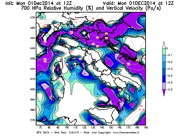 Mappa di analisi GFS - Umidità relativa [%] e Omega [Pa/s] a 700 hPa in Italia
									del 01/12/2014 12 <!--googleoff: index-->UTC<!--googleon: index-->