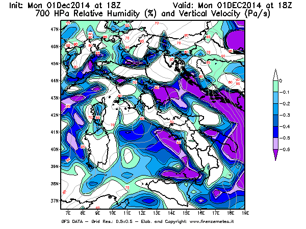 Mappa di analisi GFS - Umidità relativa [%] e Omega [Pa/s] a 700 hPa in Italia
									del 01/12/2014 18 <!--googleoff: index-->UTC<!--googleon: index-->