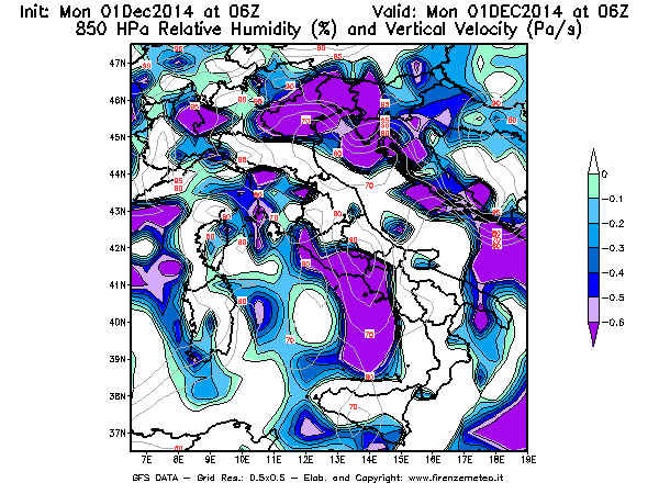 Mappa di analisi GFS - Umidità relativa [%] e Omega [Pa/s] a 850 hPa in Italia
							del 01/12/2014 06 <!--googleoff: index-->UTC<!--googleon: index-->