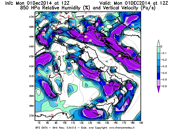 Mappa di analisi GFS - Umidità relativa [%] e Omega [Pa/s] a 850 hPa in Italia
									del 01/12/2014 12 <!--googleoff: index-->UTC<!--googleon: index-->
