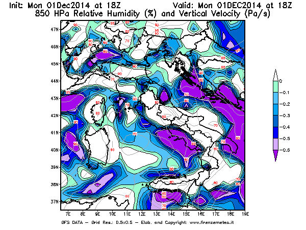 Mappa di analisi GFS - Umidità relativa [%] e Omega [Pa/s] a 850 hPa in Italia
							del 01/12/2014 18 <!--googleoff: index-->UTC<!--googleon: index-->